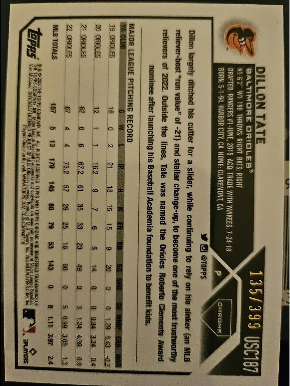 2023 Topps Chrome Update Dillon Tate #USC187 colored foil INSERT No. 135/399 - Picture 2 of 2